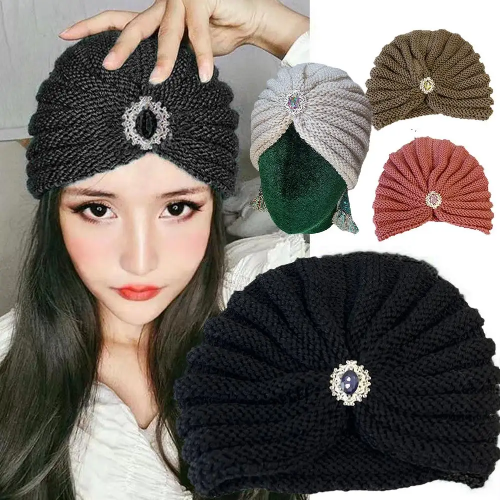 2023 New Round Bead Accessory Hat Women Wool Knitted Diamond and Autumn Winter Cap Jewelry Hats Bonnet Bohemian Silver W5A9