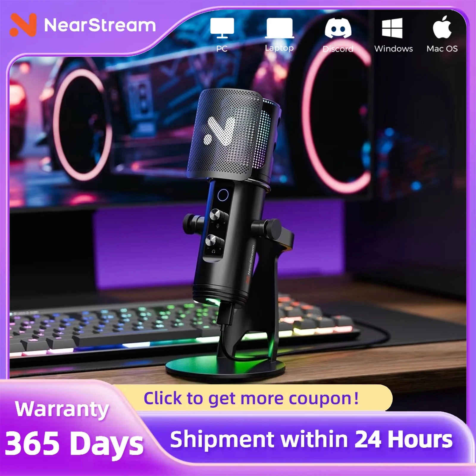 

NearStream USB/XLR Condenser Gaming Microphone with 8 RGB Modes Lighting, Noise Cancelling Desktop for Streaming on PC/PS5/Mac