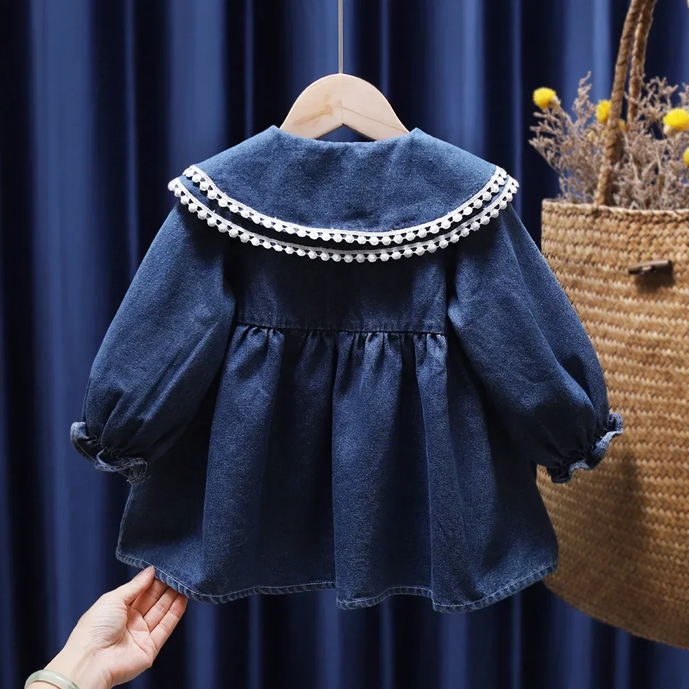 2023 Spring Autumn Ins Children Girls Denim Dress Long Sleeve Fitted Waist Pullover Kids Girls Frocks Toddler Girls Outfits