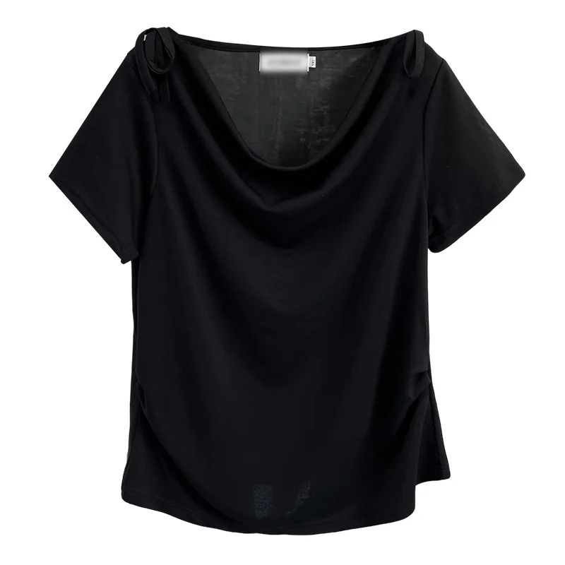 

2025 женский топ больших размеров, летняя новая модная футболка с распашным воротником на шнуровке и короткими рукавами, 100 кг