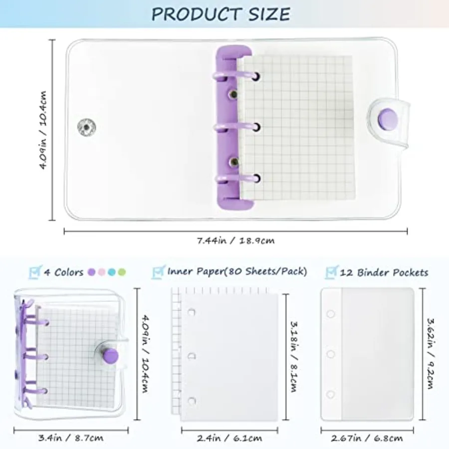 4 Pack Mini Transparent 3 Ring Binder Cove with Inner Paper and Pockets Clear Soft PVC Notebook Closure Loose Leaf Folder Round