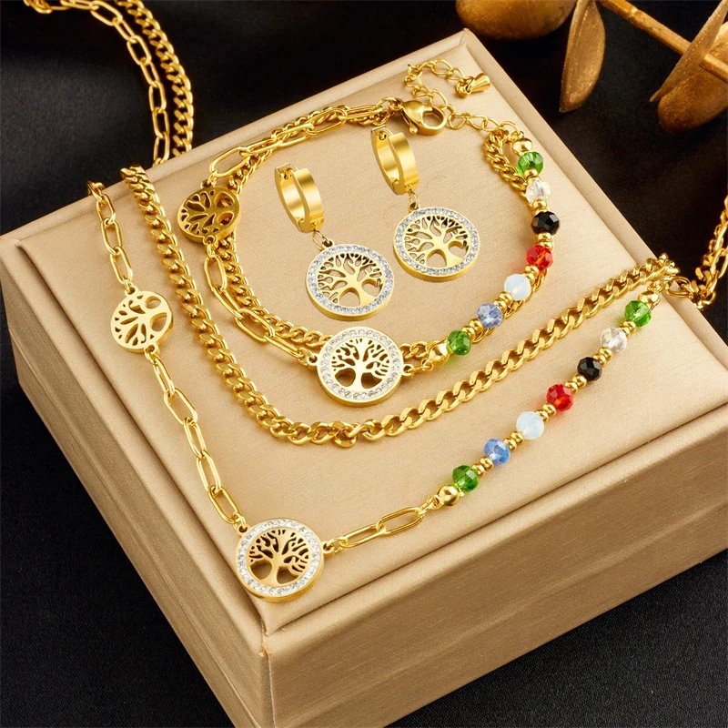 316L Stainless Steel Retro Chain Circular Life Tree Colored Crystal Double-layer Necklace Earring Bracelet Wedding Jewelry Set