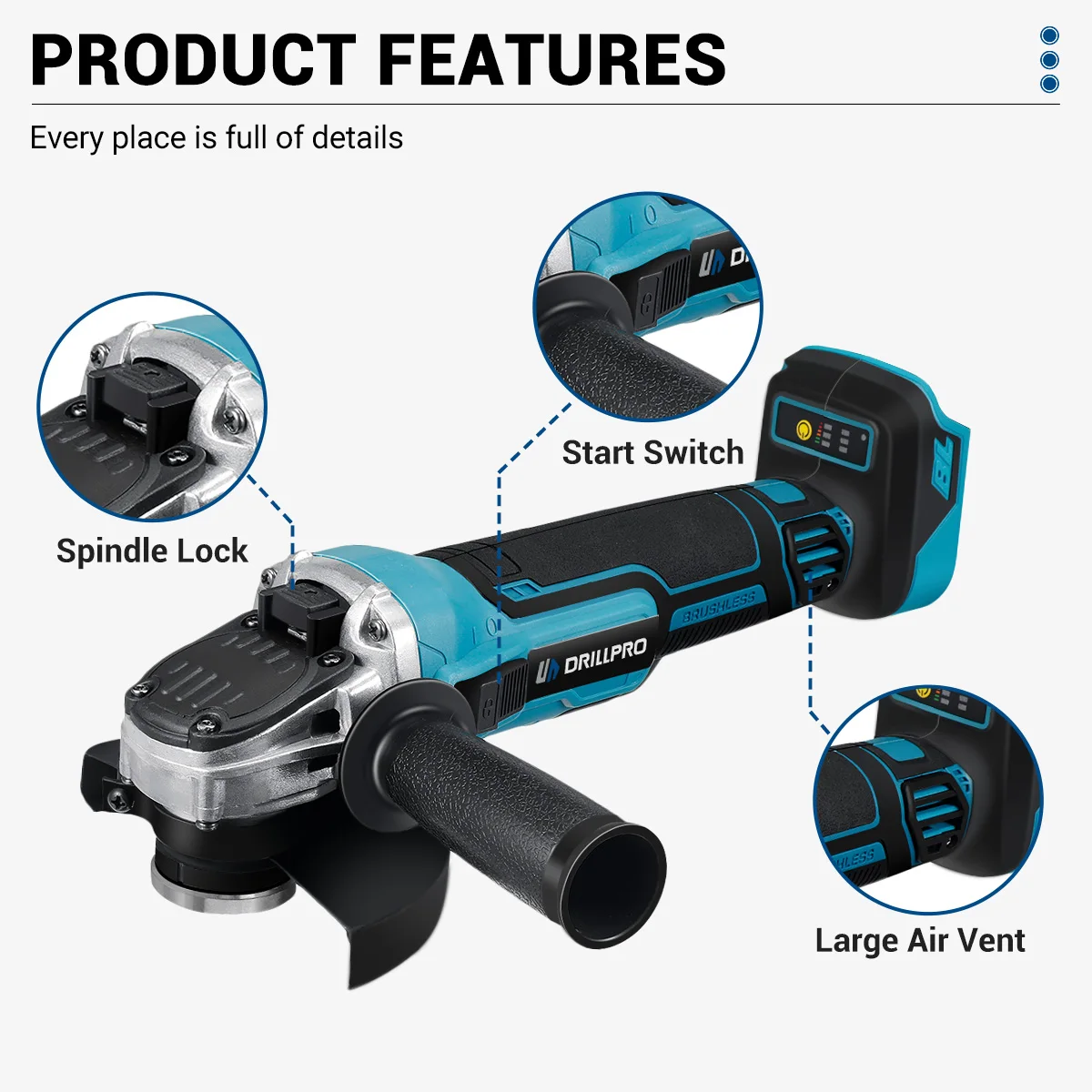 Imagem -02 - Drillpro-brushless Impact Angle Grinder Máquina de Corte sem Fio Polisher Power Tools Bateria Makita Compatível 18v 125 mm M14