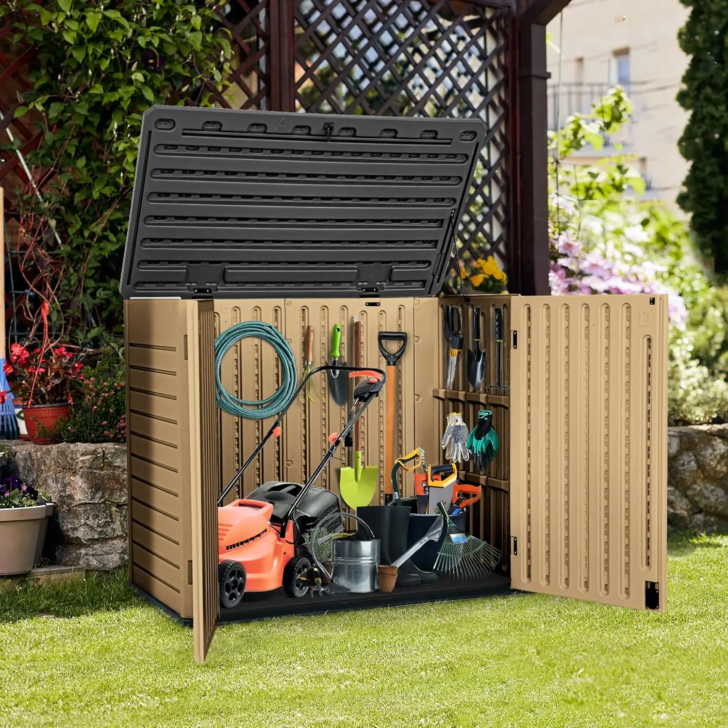 Outdoor Horizontal Storage Sheds w/o Shelf, 35 Cu Ft Lockable Resin Waterproof Shed, Ideal for Garden Tools, Easy to Assemble