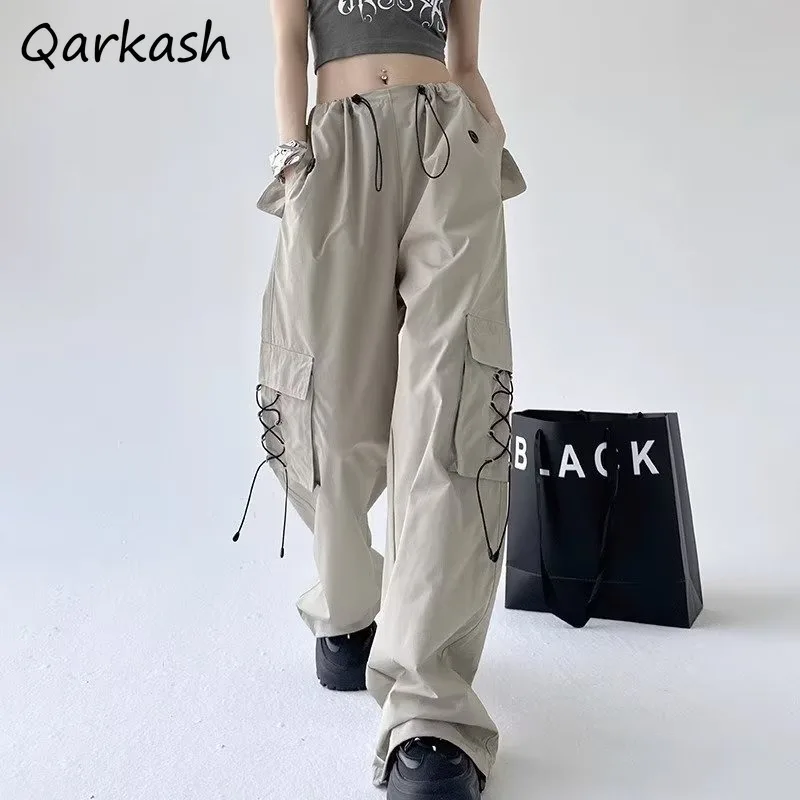 Pants Women Multiple Pockets Design Japanese Style Drawstring Elastic Waist Cargo Trousers Autumn Full Length Straight Loose New