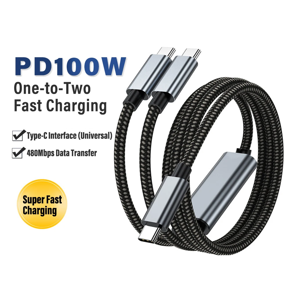 

2 in 1 Nylon 100W USB C To 2 Type C Super Fast Charging Data Type C Cable For iphone 17 16 15 Pro Max Samsung S26 S25 Xiaomi