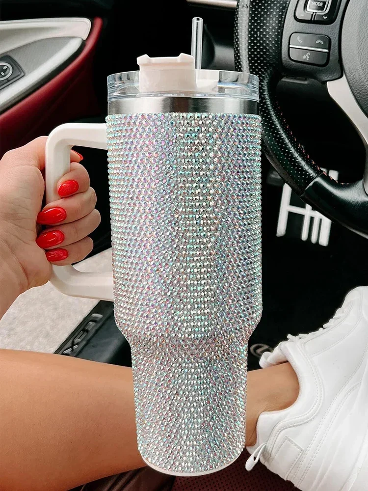 40oz Shiny Diamond Shiny Diamond Tumble Coffee Insulation Cup Stainless Steel Car Bottle Straw Large Capacity Rhinestone Cup