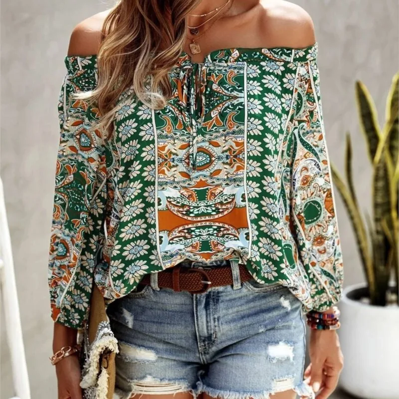 Boho Spring Fall Blouses Women's New Floral Print Off-shoulder Ruffled Trim Knot Front Fashion Shirts Women Pullover Top Clothes