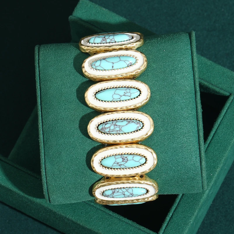 

Large Oval Vintage Jewelry Turquoise Charm Bracelets White Natural Stone High Brand Luxury Gold Color For Mother's Day New Gift