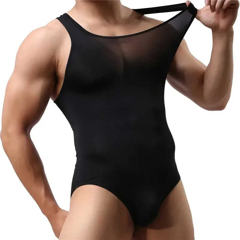 New Sexy Mens Undershirts Ultra-thin Ice Silk Sports Fitness Bodysuits Seamless Underwear Wrestling Singlet Leotard Gay Clubwear