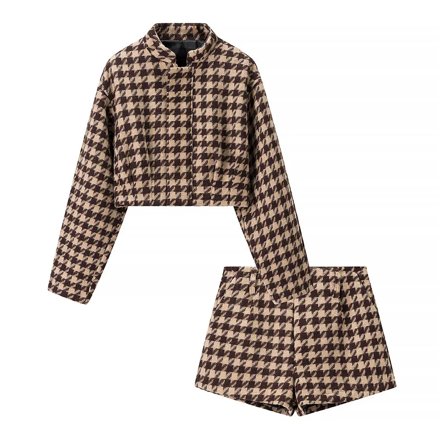 HH Autunno Set scozzese vintage da donna Dolcevita a maniche lunghe Giacca corta con cerniera + Mini pantaloncini a trapezio a vita alta Abito alla moda