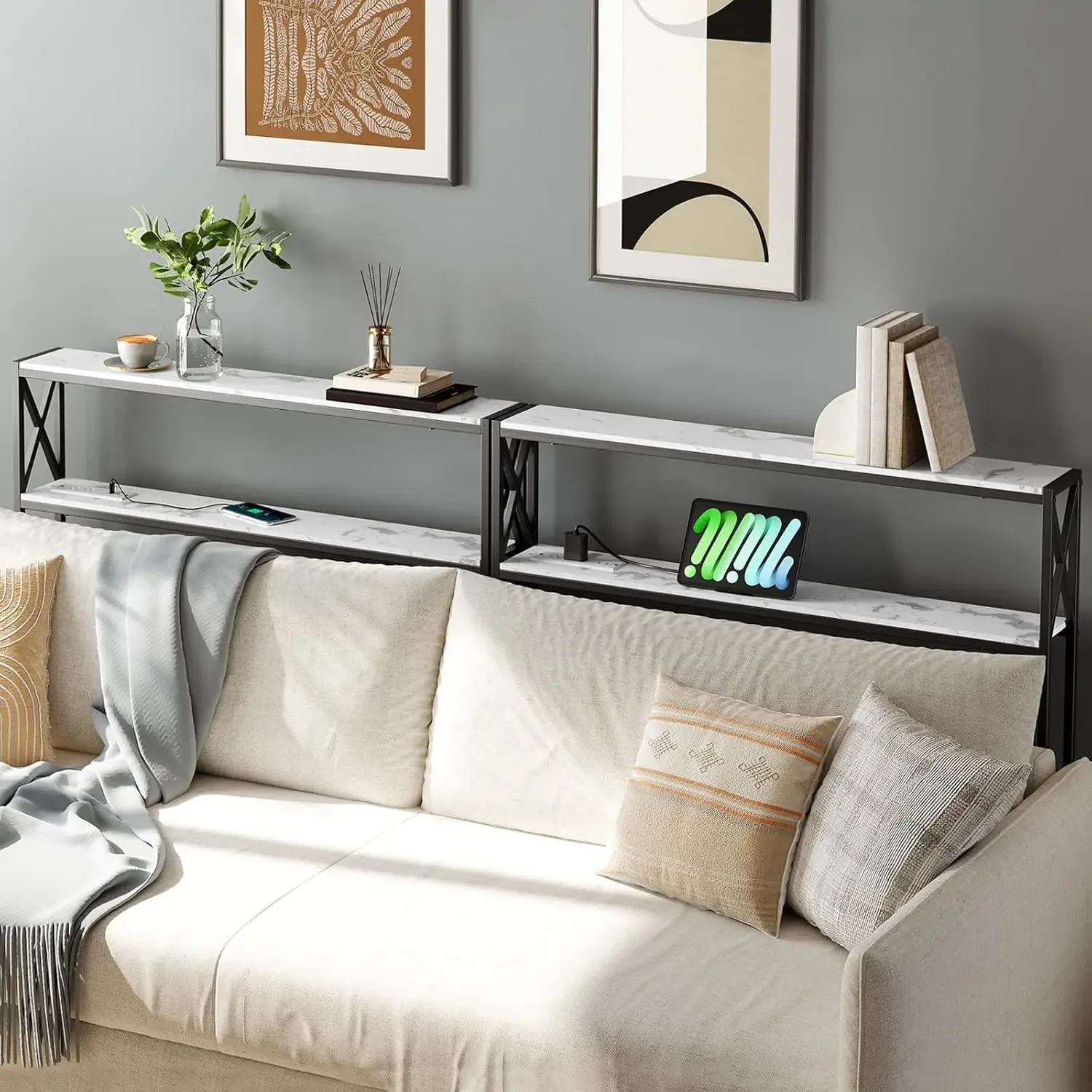 2-piece narrow sofa table with charging station, sofa back table, living room entrance table and marble.