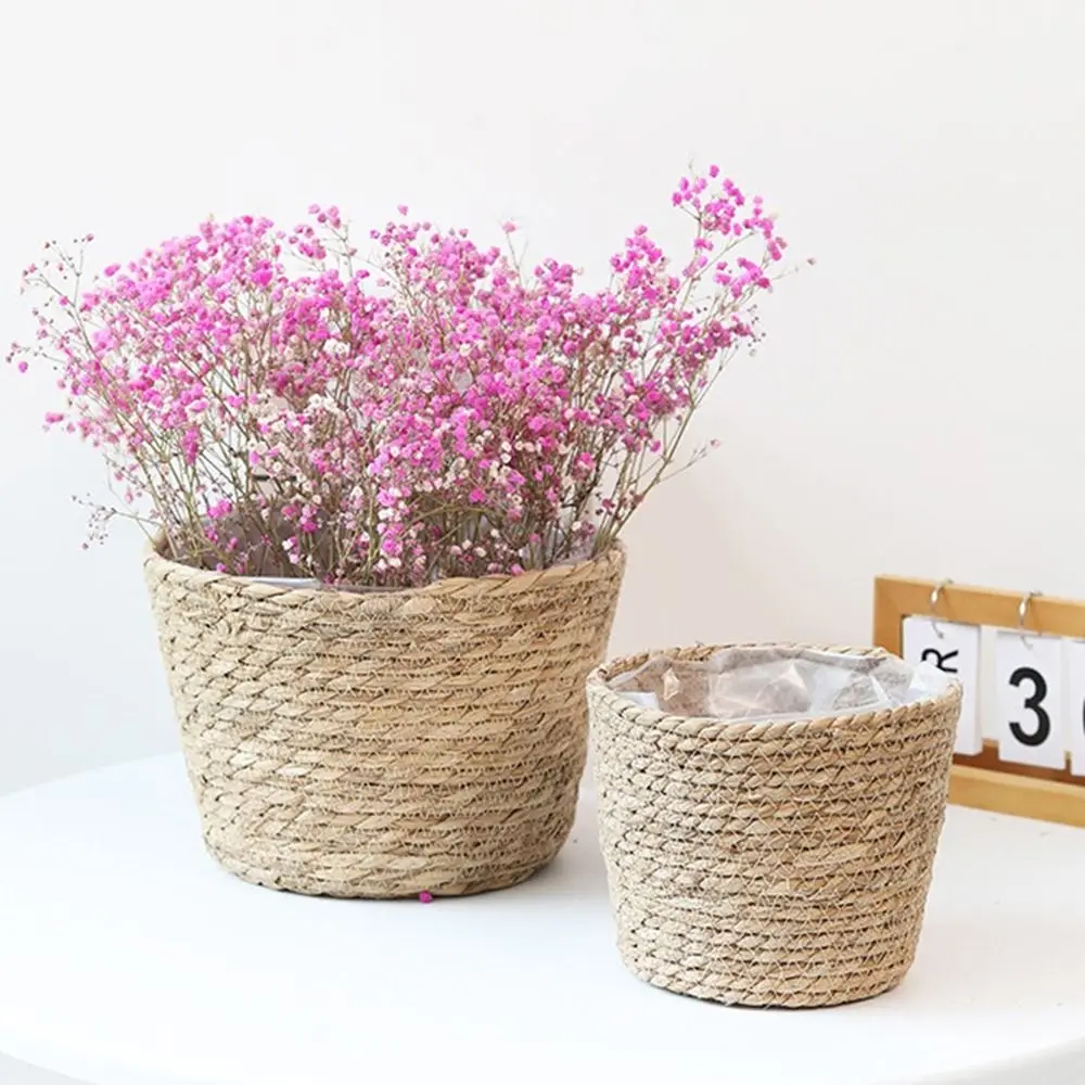 S/M/L Straw Weaving Flower Plant Pot Handmade Decorative Grass Woven Planter Basket Leakproof Seedling Containers for Home