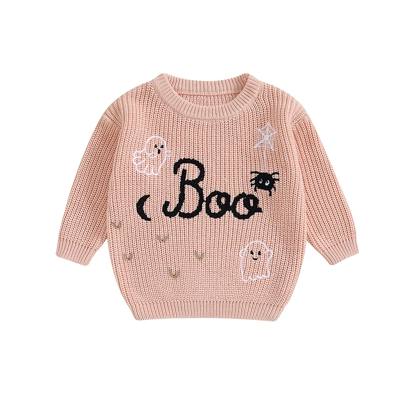 Baby Girl Sweater Long Sleeve Crew Neck Letters Ghost Winter Warm Knit Pullover Sweater Halloween Clothes