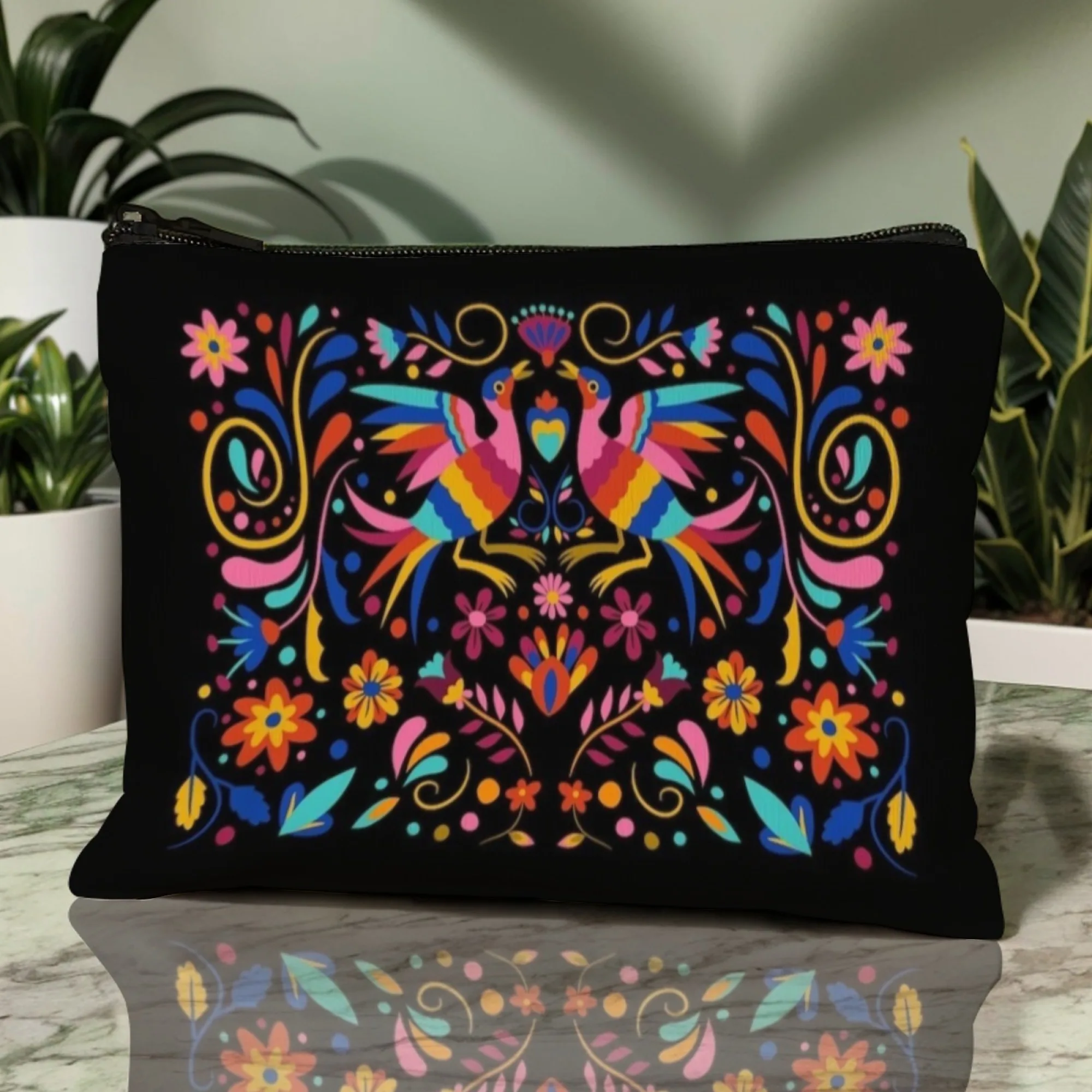 Mexico-inspired Ornate Cosmetic Pouch Exquisite Bird & Flower Design Print Exotic Flavor for Gift Giving & Vintage Collectors