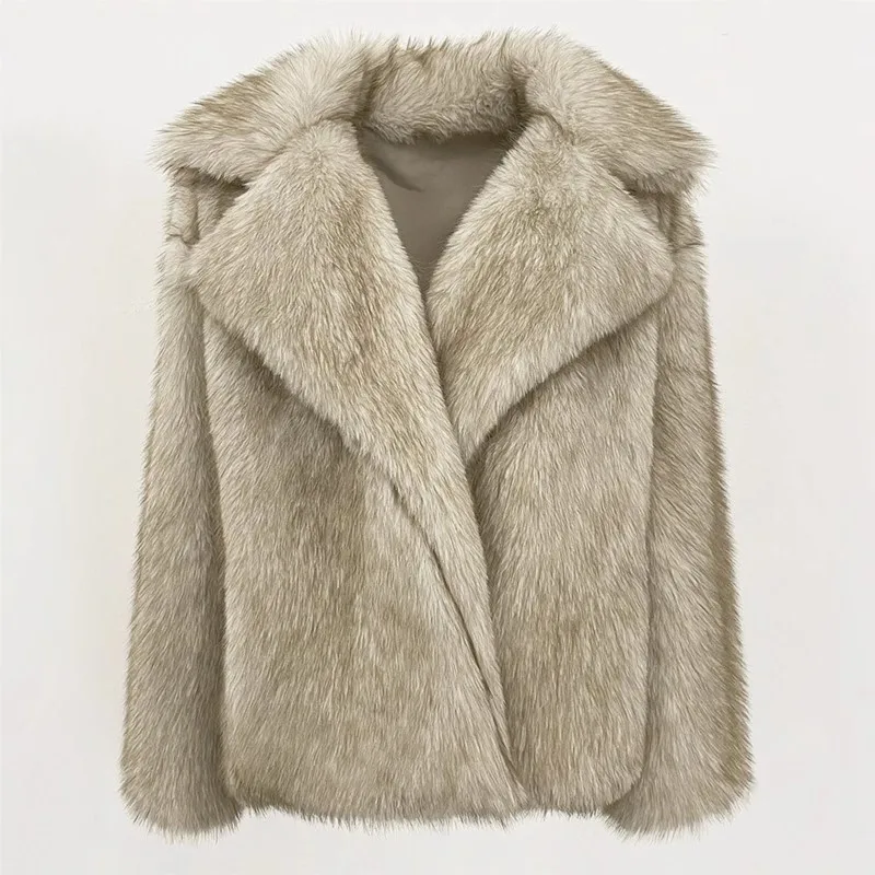 معطف شتوي نسائي لعام 2025 من فرو الثعلب الصناعي بأكمام طويلة معطف دافئ بلون سادة معاطف فضفاضة متوسطة الطراز معاطف فروي