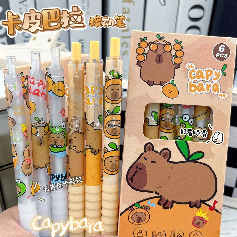 6 stücke Capybara Gel Pen schnell trocknende schwarze Tinte schreiben glatten weichen Stift griff ästhetisches Briefpapier elegante Stifte Büro zubehör