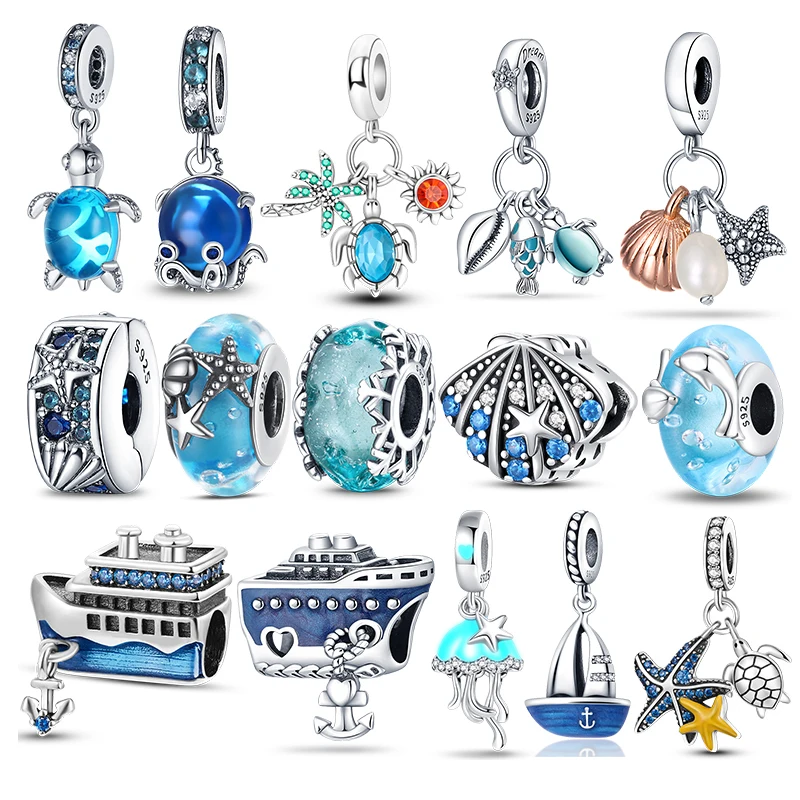 Abalorios de plata 925 de la serie Ocean, cuentas de tortuga, velero, sirena, compatibles con pulseras Pandora originales, brazaletes, joyería fina artesanal, regalos, novedad