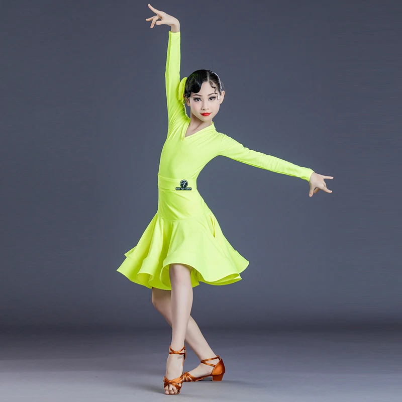 Multi-Colors Latin Dance Competition Dresses For Girls Professional Cha Cha Ballroom Dance Wear Long SLeeves Dress Red DNV16729