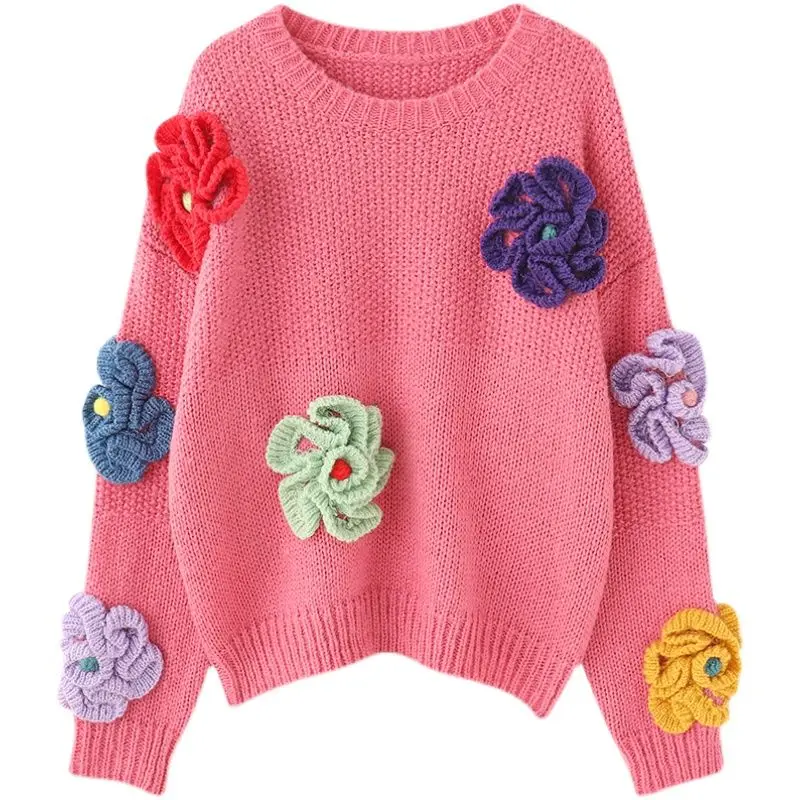 Vintage 3D Flowers Knitted Sweater Women Autumn Winter Long Sleeve Oversized Pullover Female Korean Casual Loose Outerwear U1093