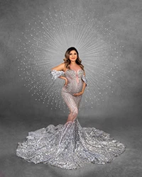 Luxury Silvery Sequins Long Mermaid Maternity Gowns Sheer Mesh Necklines Sparkle Crystal Pregnancy Women Dresses To Photography