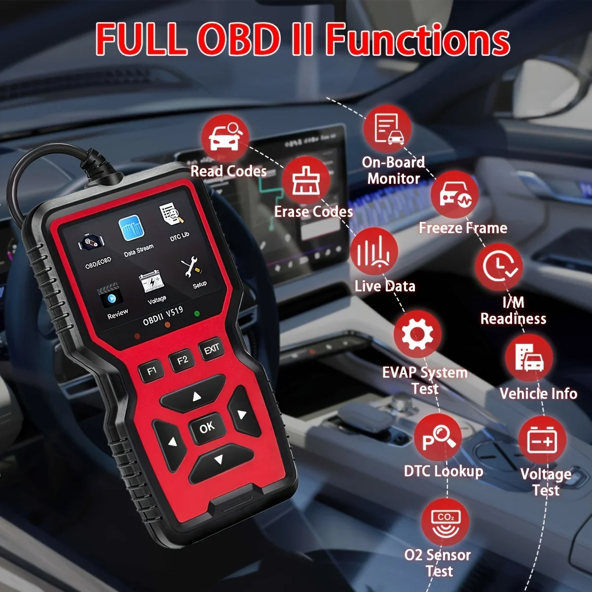 الماسح الضوئي V519 Pro Obd2: البيانات المباشرة وفحص إصلاح المحرك |   قارئ رمز خالي من البطارية مع طاقة DLC، وبروتوكولات CAN/KWP2000