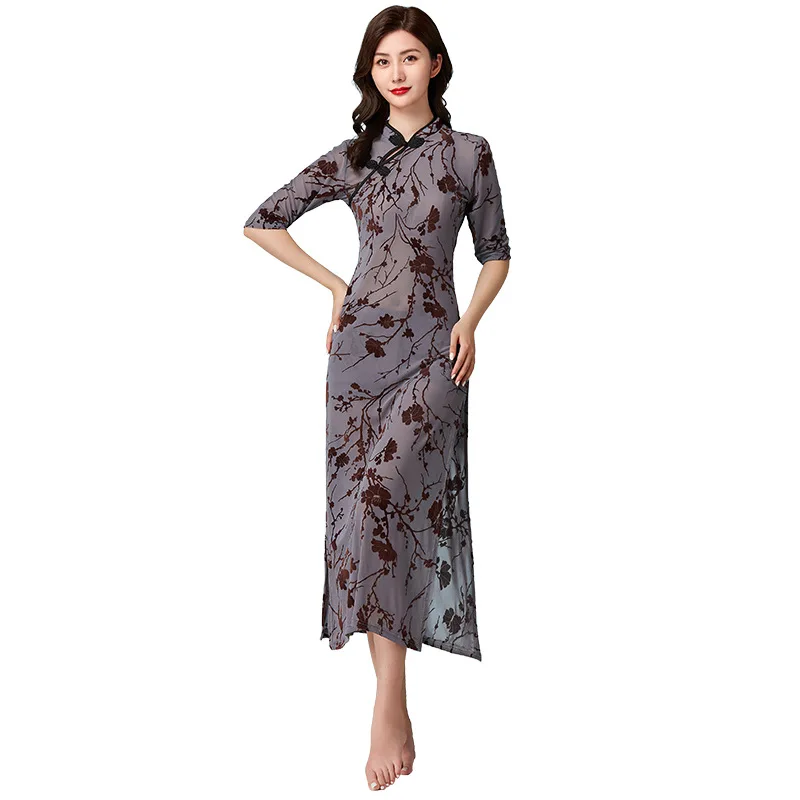 댄스 모던 댄스 치파오 거즈 드레스 중국 스타일 슬림 핏 레트로 메쉬 프린팅 벨리 댄서
