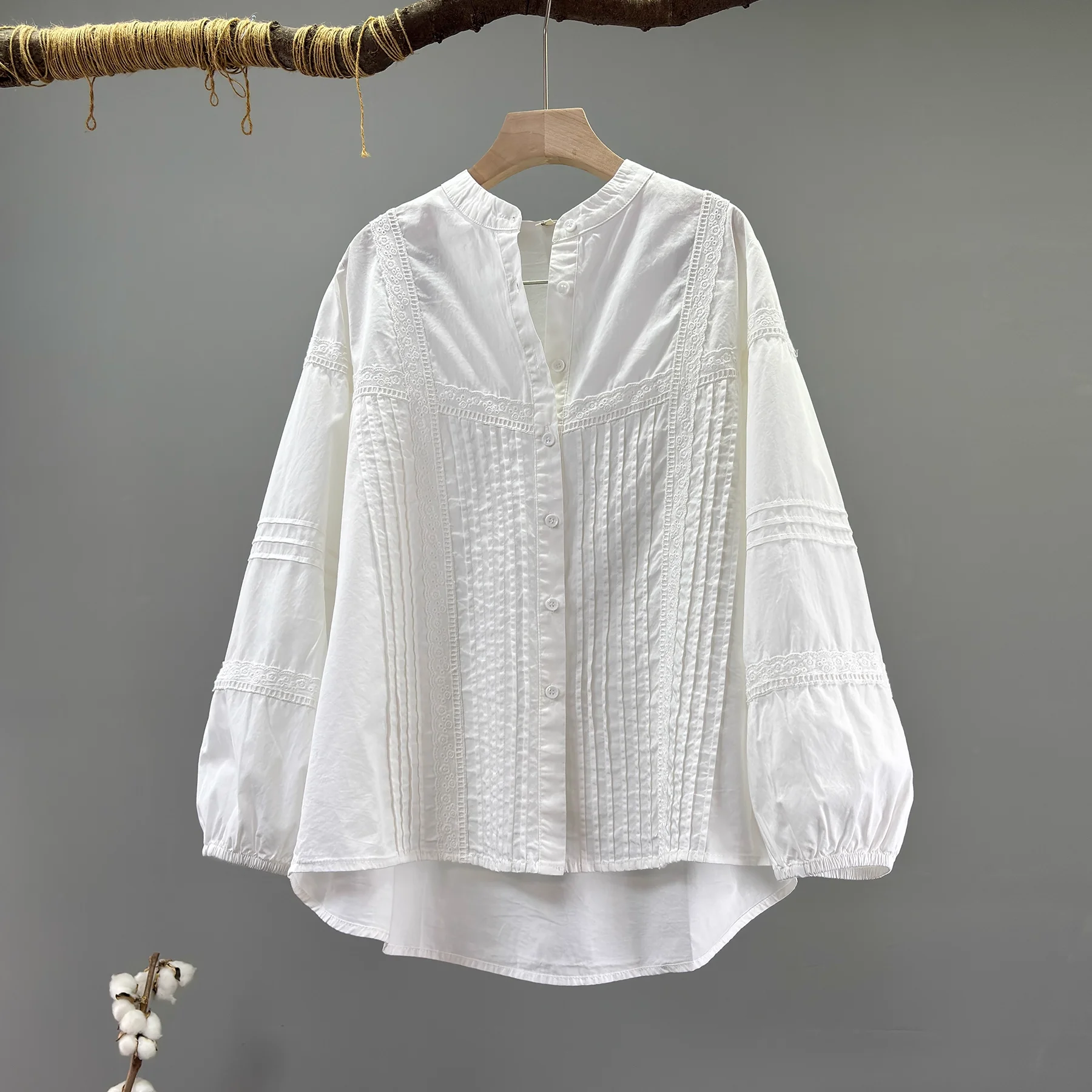 

Осенняя одежда Enianechu, корейские женские плиссированные рубашки и блузки из чистого хлопка с воротником-стойкой, элегантный шикарный женский топ с длинными рукавами