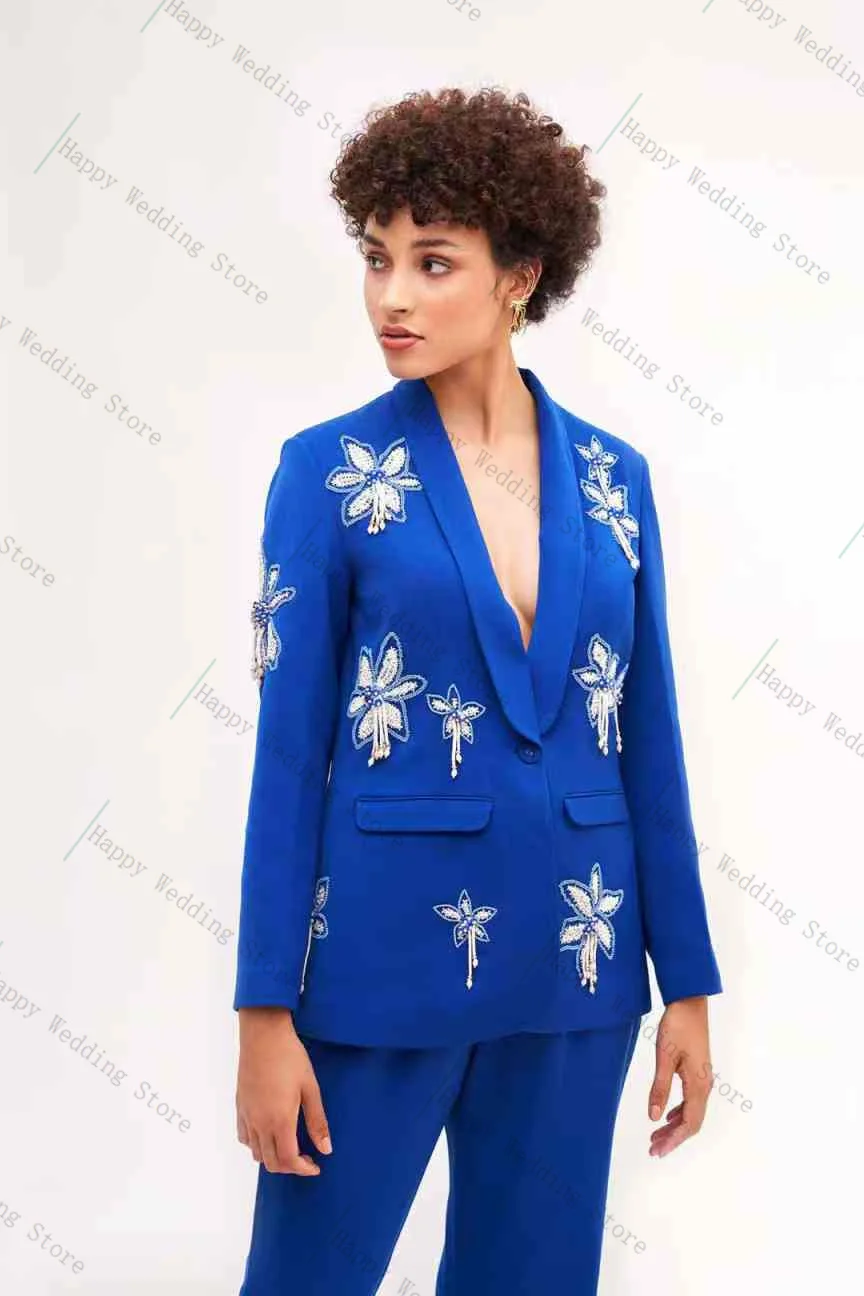 Luxury Blue Women Suit Pants Set 2 Piece Blazer+Trousers Beaded Flower Formal Office Lady Customized Wedding Tuxedos Prom Coat