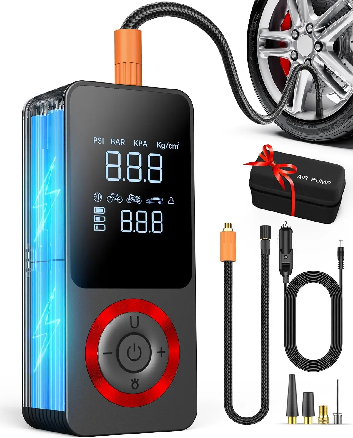 

Portable Cordless Tire Inflator with 150 PSI, Rechargeable Battery, Gauge, and Car Adapter for Vehicles