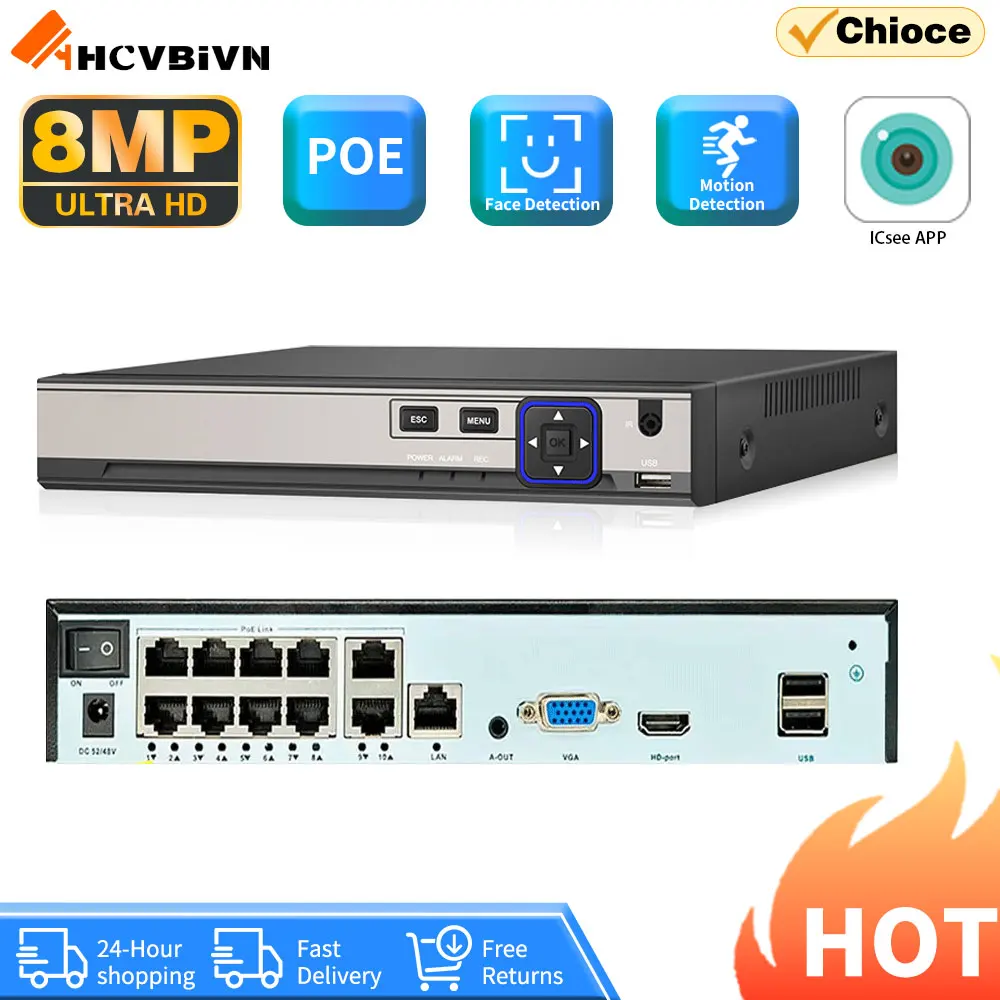 

10Ch POE NVR H.265 Xmeye 4K 10Channel Video Recorder With Face Detect Audio Out Onvif P2P For POE 8MP 5MP Surveillance IP Camera