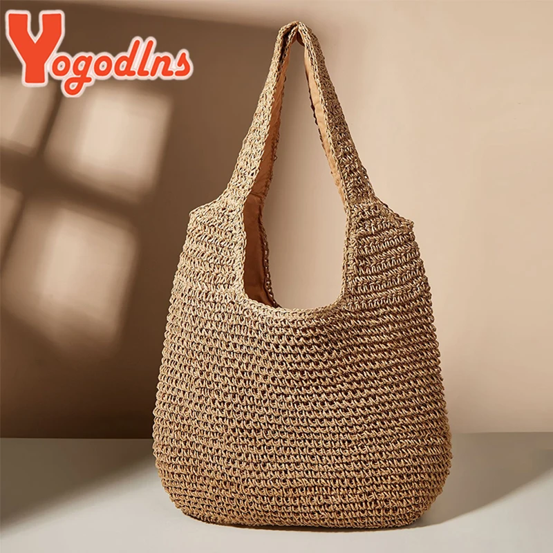 Yogodlns Summer Straw Bag For Women Woven Handmade Handbag Large Capacity Lady Tote Vacation Beach Bag Rattan Shoulder Bag Bolsa