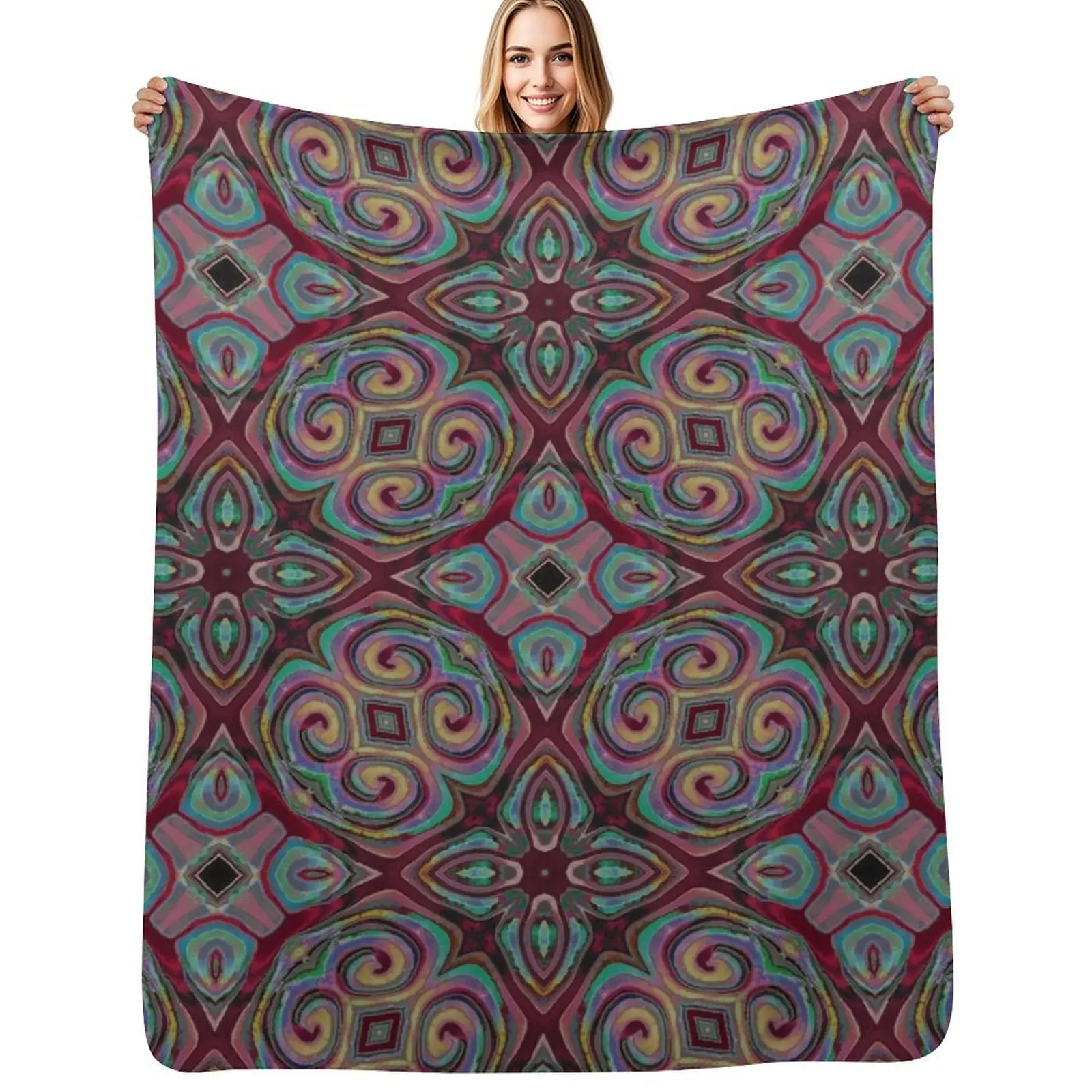 

Burgandy four patch Throw Blanket Multi Use Warm Blanket for Living Room Bedroom