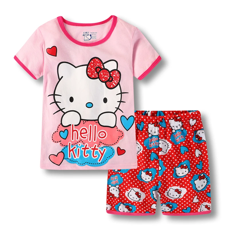 Summer New Baby Girls Short sleeved Shorts Pajama Set Children Cute Cartoon Hello Kitty Home Sleepwear Outfits Kids Clothing