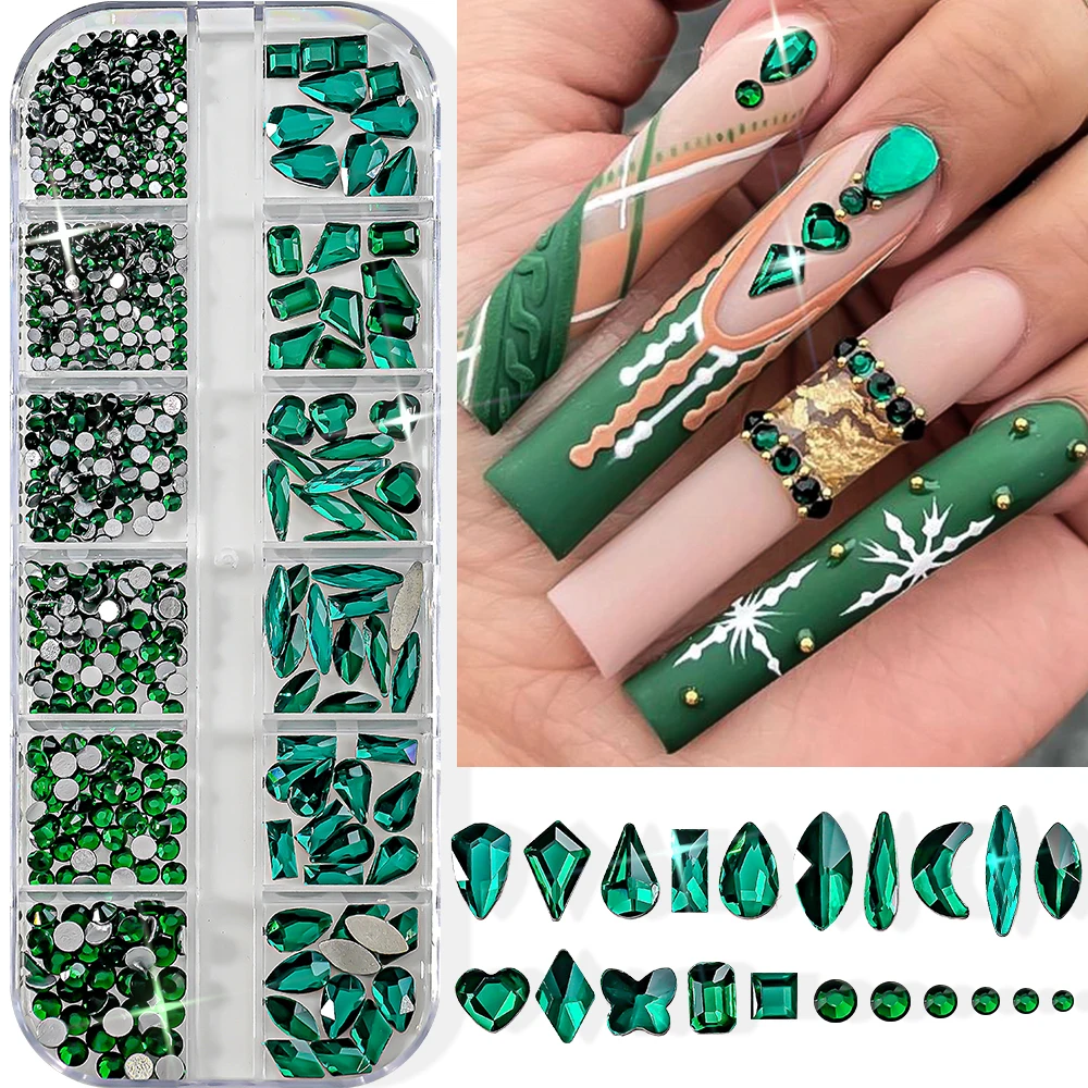 1 scatola di strass rotondi piatti e grandi forme di strass per unghie 3D verde stile natalizio ciondoli per nail art decorazione per nail art