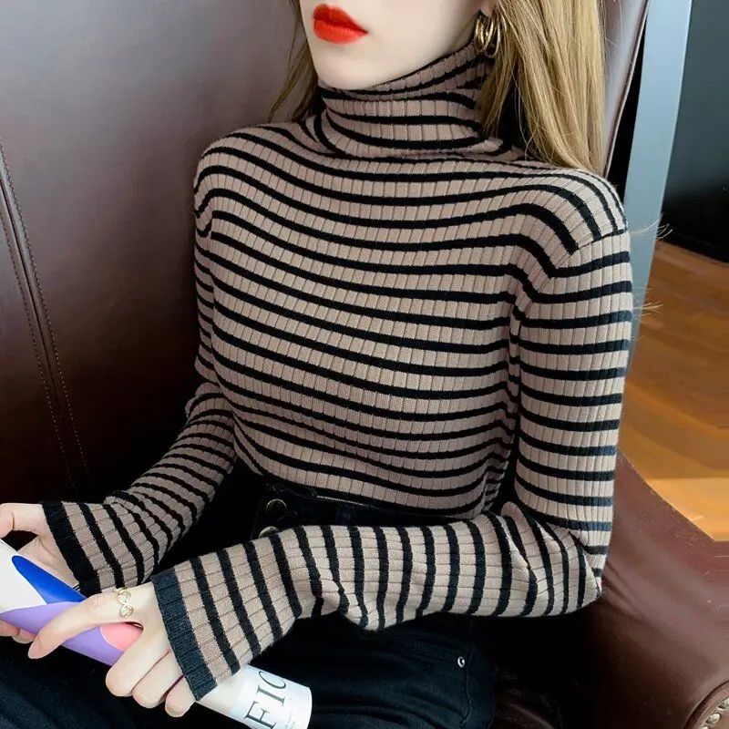 Striped Contrast Color Sweater Knitted Women's Clothing Turtleneck Casual Elegant Pullover Autumn Winter Office Lady Tops