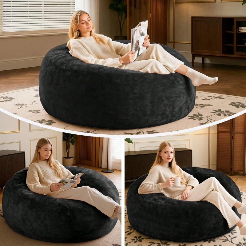 4FT Bean Bag Chair Memory Foam Filled Soft Velvet Cover Boneless Couch for Living Room Playroom Black