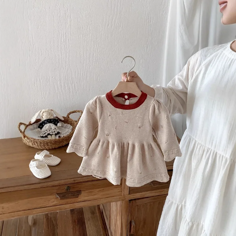 

Платье-свитер для девочек, осеннее повседневное вязаное платье, теплое платье с длинным рукавом для малышек 0-4 лет, весенне-осенний милый наряд на каждый день