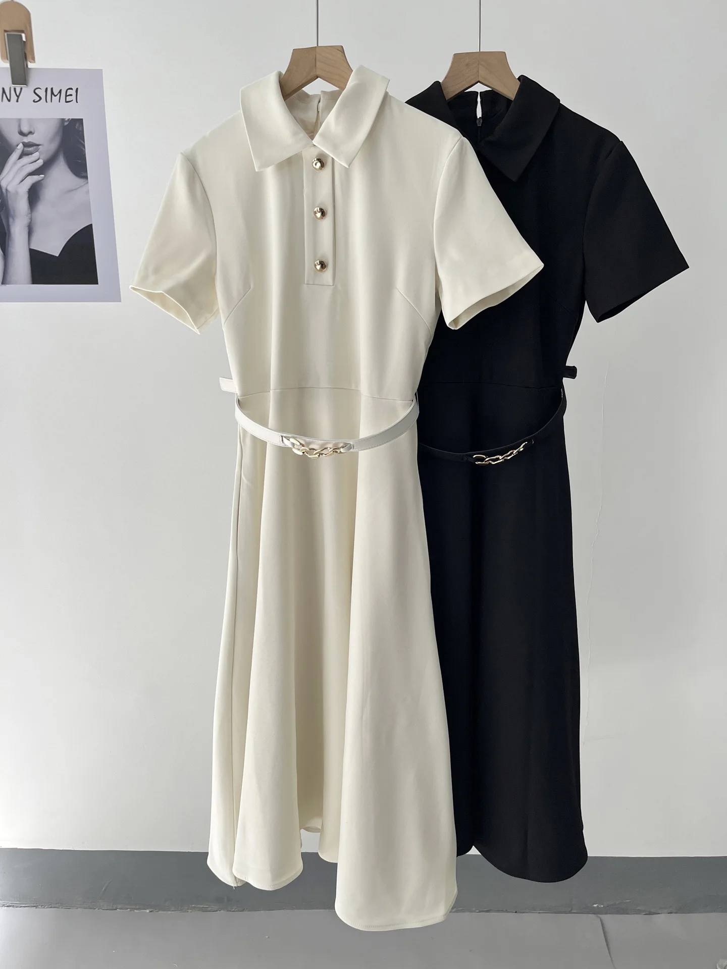 

French temperament high sense summer new polo collar short sleeve big pendulum medium and long dress women 67b-0457