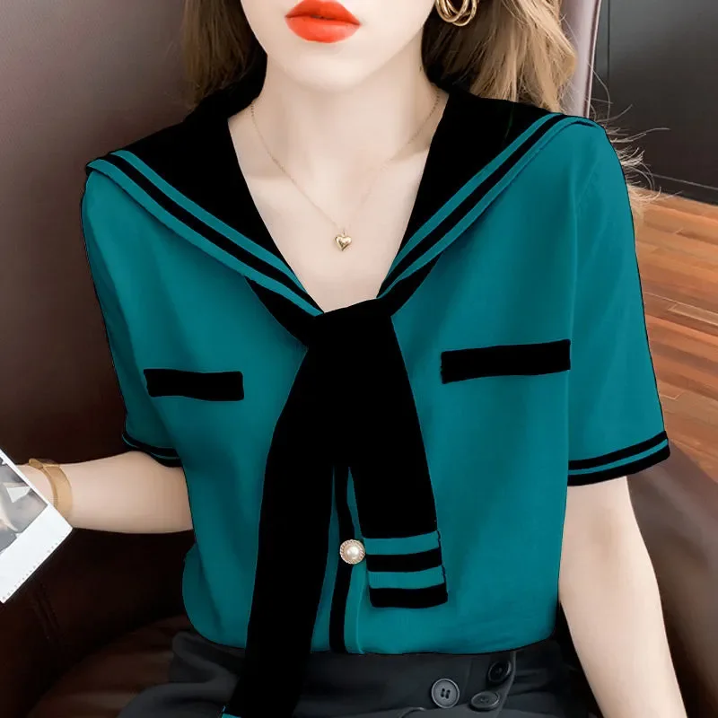 Women's Summer Teal Sailor Collar Blouse Short Sleeve Velvet Tie Front Pearl Button JK Uniform Style Top