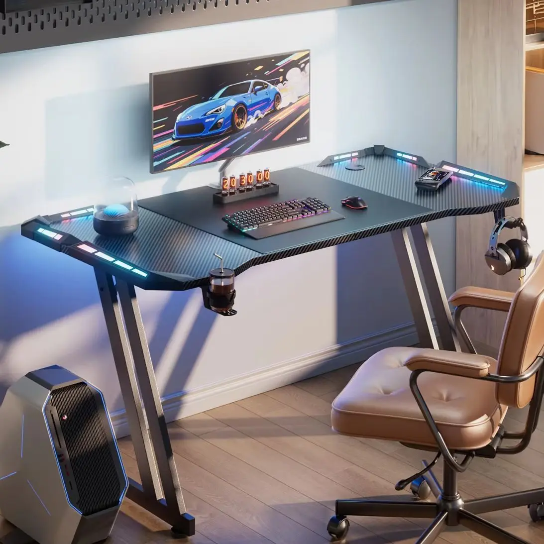 47/55/63inch Computer Desk, Gaming Desk with LED Lighting, Computer Gaming Desk with Carbon Fibre Top, Sturdy Office Desk with Headphone Hook & Cup Holder, Black