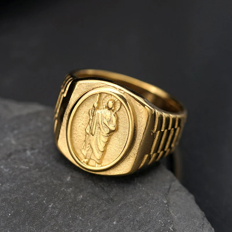 HIP Hop Bling Gold Color Stainless Steel Catholic Patron Saint St Benedict of Nursia Holy Medal Ring for Men Rapper Jewelry