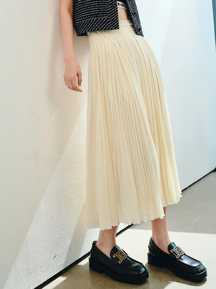 

Soft and Elegant Atmosphere 23 Spring/Summer New Sheepskin Spliced Rugged Texture Pleated Skirt Half length Skirt