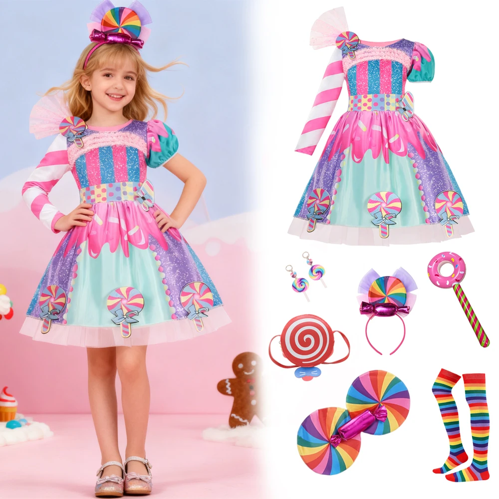 Vestido de caramelo para niñas, vestido de fiesta de Carnaval de Purim, vestido de manga con mosca de piruleta para niñas, disfraz de cumpleaños para niños, vestido de fiesta de graduación de princesa