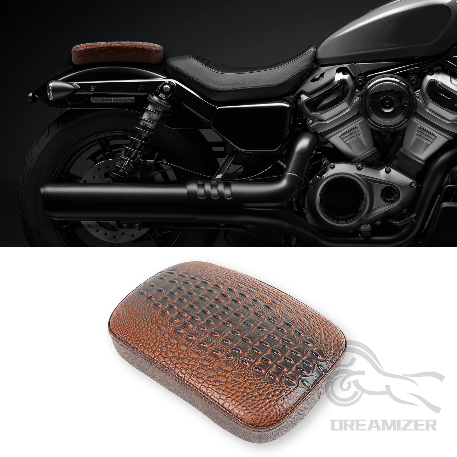 

Motorcycle Rear Fender Solo Seat Cover Crocodile Leather Style Pillion Pad Brown Seat 8 Suction Cups Protect for Harley