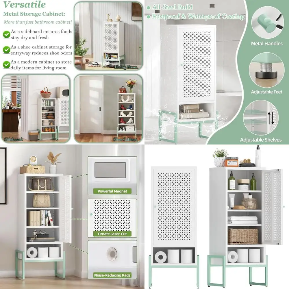 

42,51 Высокий металлический шкаф для хранения вещей с дверцами и регулируемыми полками для ванной комнаты и прачечной