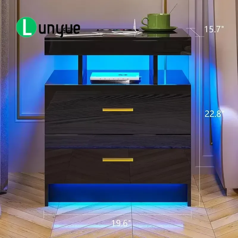 Smart Bedside Table with Wireless Charging Lamp and Fingerprint Lock Multifunctional Nightstand for Bedroom Modern Furniture
