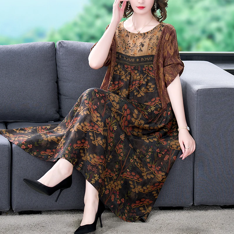 

Female Floral Mulberry Silk Midi Dres Spring Summer Elegant Loose Waist Plus Size Dress 2024 Korean Vintage Casual Party Dresses