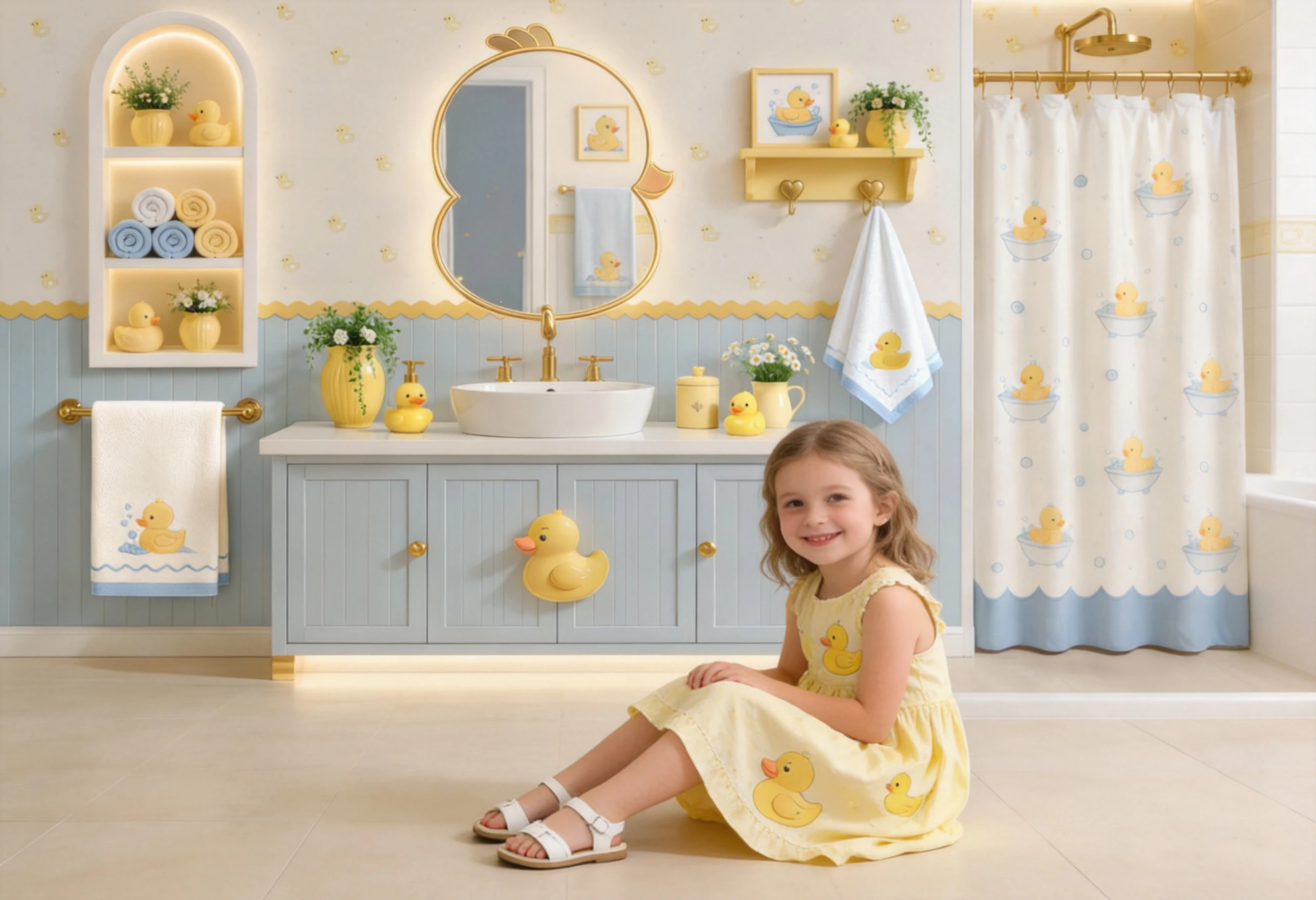 Cute Soft Pastel Yellow Rubber Duck Warm Floral Kids Bathroom Bathtub Baby Bath Time Newborn Children Birthday Photo Backdrop view 5