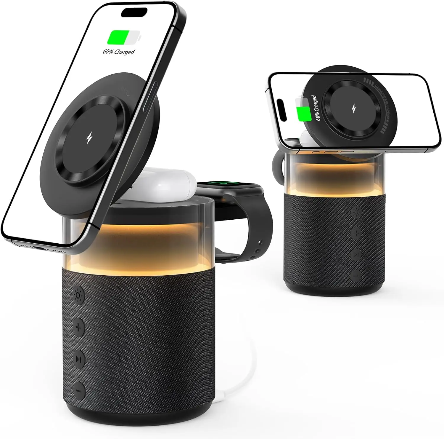 

Магнитная беспроводная зарядная станция 5-в-1 с динамиком Bluetooth, быстрое зарядное устройство для iPhone 17 16 15, подставка для зарядного устройства с ночником